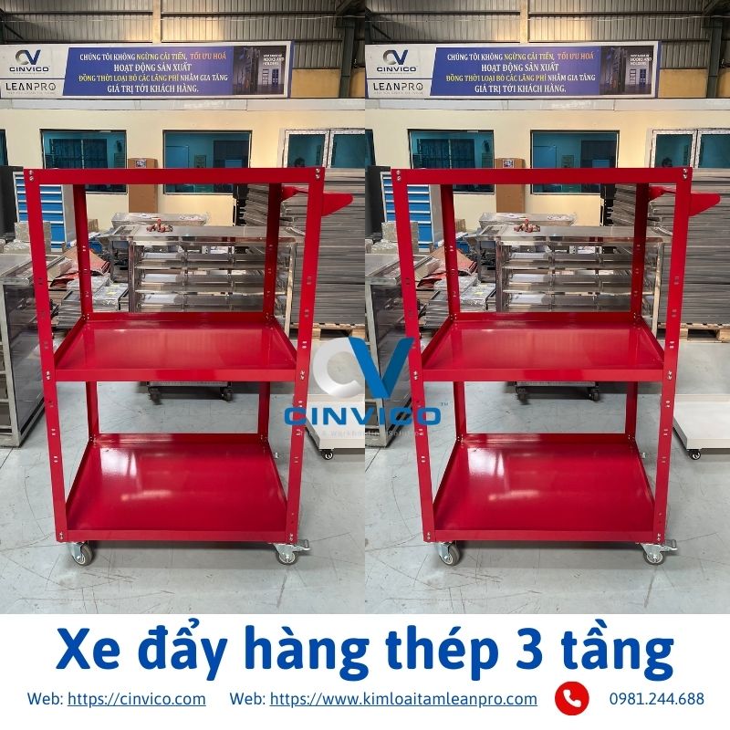Xe đẩy hàng thép 3 tầng
