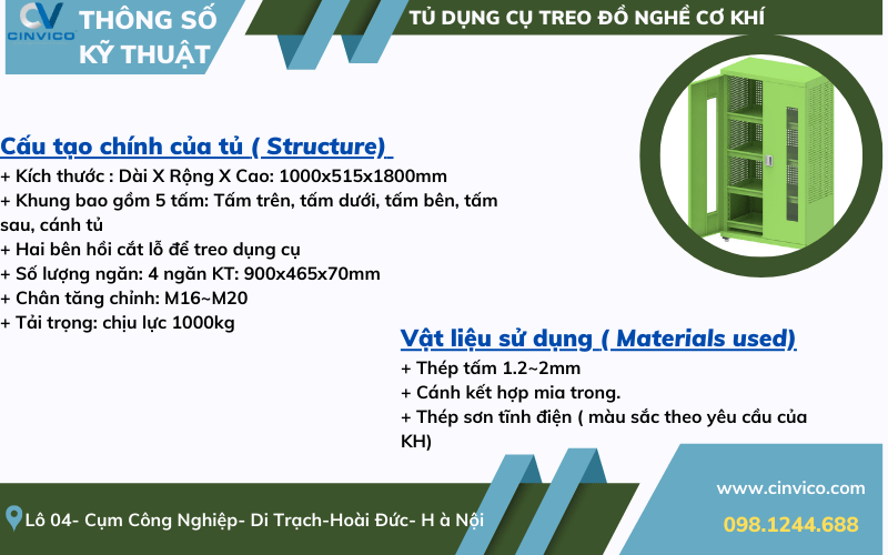 Thông số kỹ thuật tủ dụng cụ treo đồ nghề cơ khí Leanpro