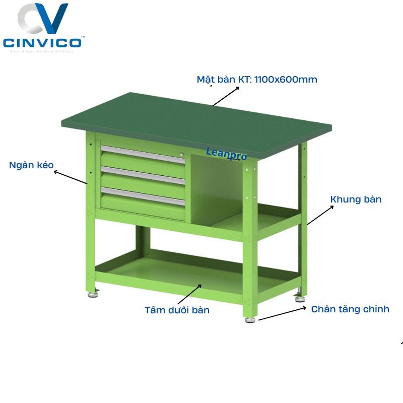 cấu tạo bàn thao tác dán thảm cao su 3 tầng có ngăn kéo