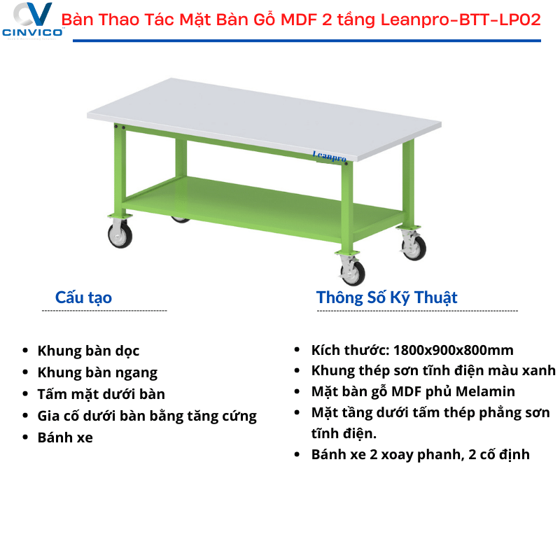 Cấu tạo bàn thao tác mặt bàn gỗ MDF 2 tầng Leanpro