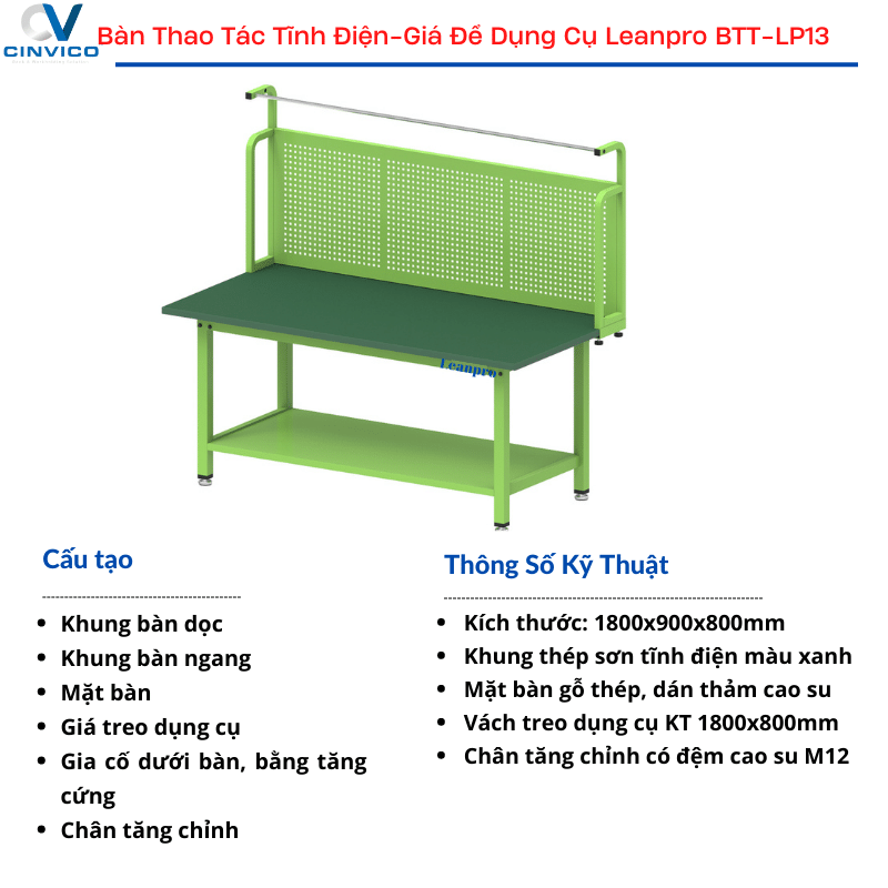 cấu tạo bàn thao tác chống tĩnh điện có giá treo dụng cụ BTT-LP13