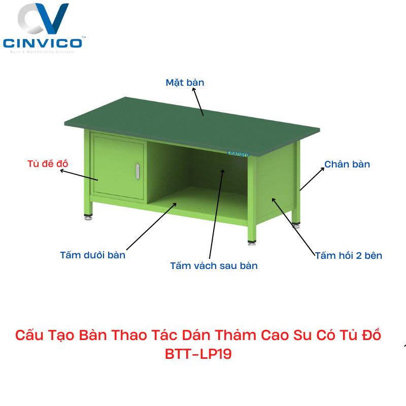 cấu tạo bàn thao tác dán thảm cao su có tủ đồ BTT-LP19