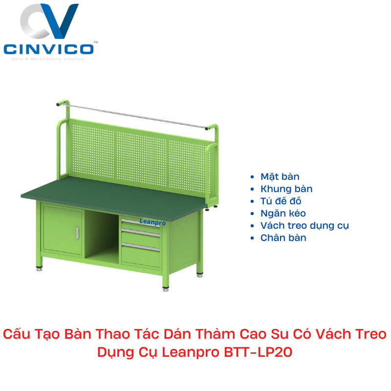 Cấu tạo bàn thao tác dán thảm cao có vách treo dụng cụ BTT-LP20