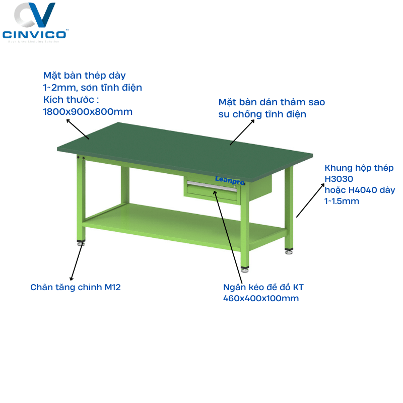 thông số kỹ thuật bàn thao tác chống tĩnh điện có ngăn kéo BTT-LP12