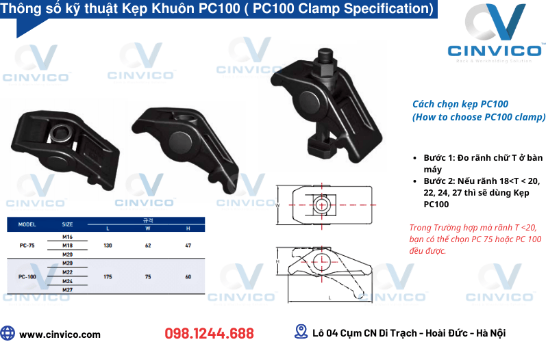 Thông số kỹ thuật kẹp khuôn PC100