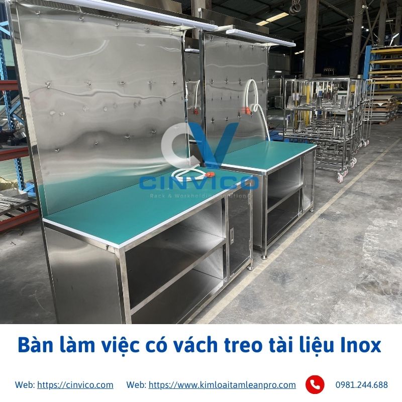 Bàn làm việc có vách treo tài liệu Inox 