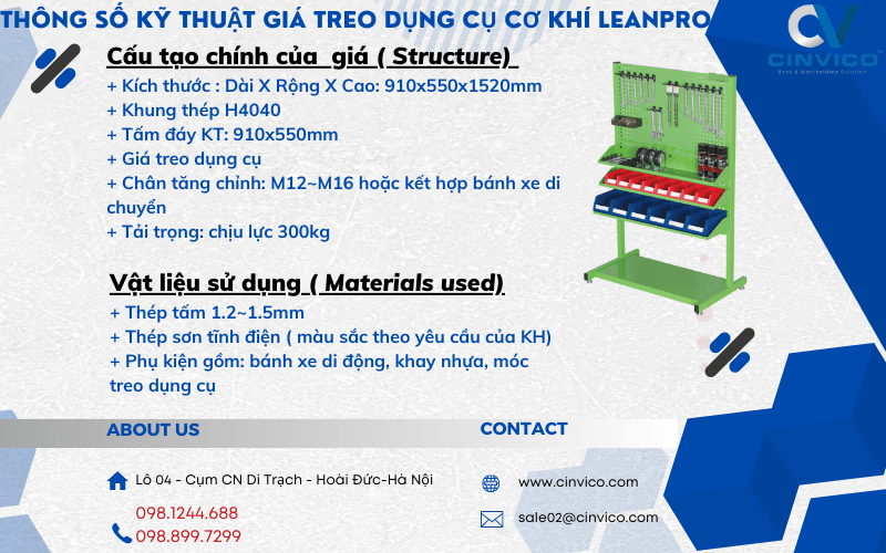 Thông số kỹ thuật giá treo dụng cụ cơ khí Leanpro 