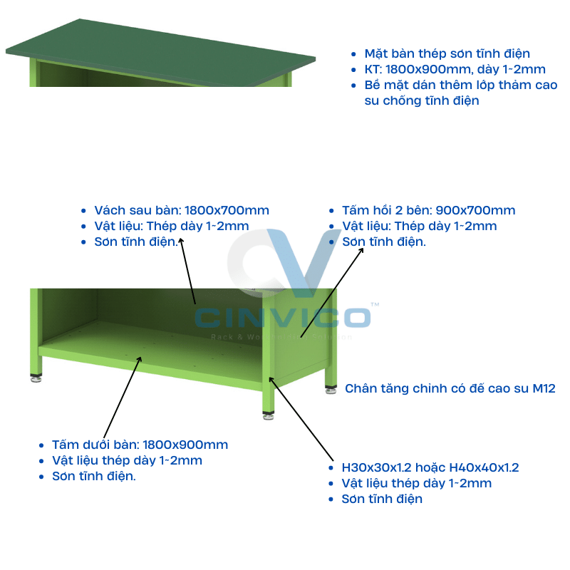 Thông số kỹ thuật bàn làm việc dán thảm cao su BTT-Lp18