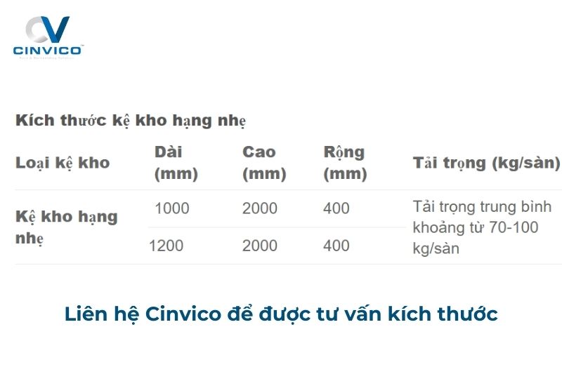 Kích thước để hàng nhẹ