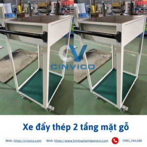 Xe đẩy thép 2 tầng mặt bằng gỗ