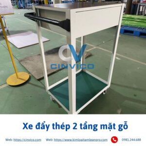 Xe đẩy thép 2 tầng mặt bằng gỗ