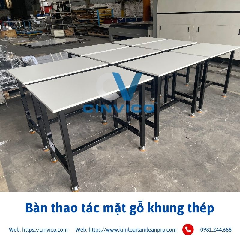 Bàn thao tác khung thép mặt gỗ