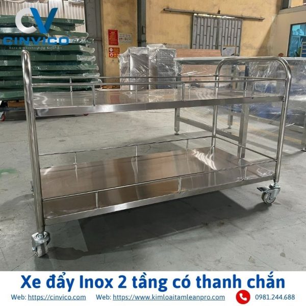 Xe đẩy Inox 2 tầng có thanh chắn Cinvico