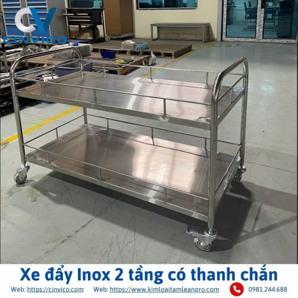 Xe đẩy Inox 2 tầng có thanh chắn Góc nghiêng