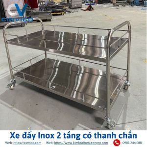 Xe đẩy Inox 2 tầng có thanh chắn Góc chéo
