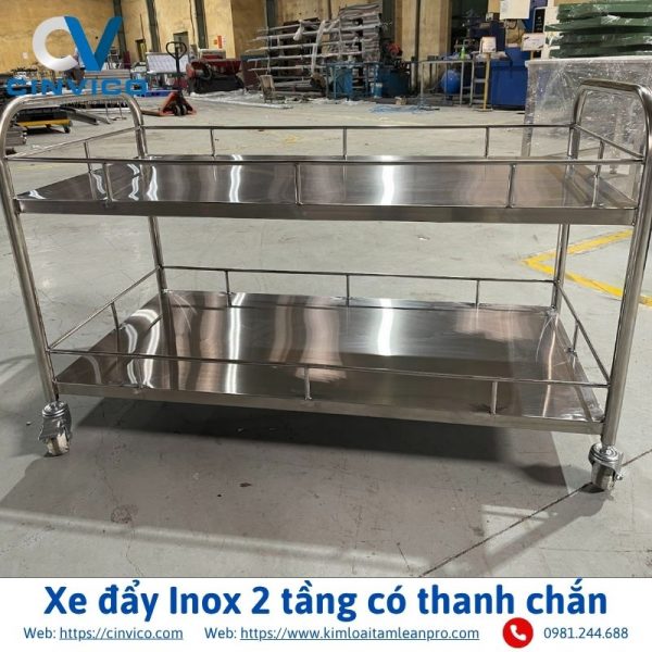 Xe đẩy Inox 2 tầng có thanh chắn Góc chính diện