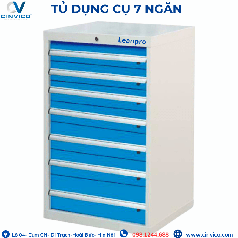 Tủ đựng dụng cụ Cinvico sản xuất tại xưởng Hoài Đức, Hà Nội. Tủ đồ nghề 5-7 ngăn, sơn tĩnh điện, ray bi 40kg. Báo giá 24h, giao 7 ngày. Gọi 0981.244.688. 