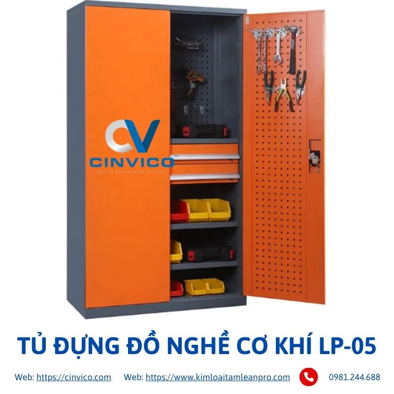 Tủ đựng dụng cụ cơ khí chuẩn công nghiệp cho xưởng sản xuất, gara ô tô. Xưởng Cinvico Hoài Đức sản xuất tủ đồ nghề 5–10 ngăn theo yêu cầu, bảo hành 24 tháng.