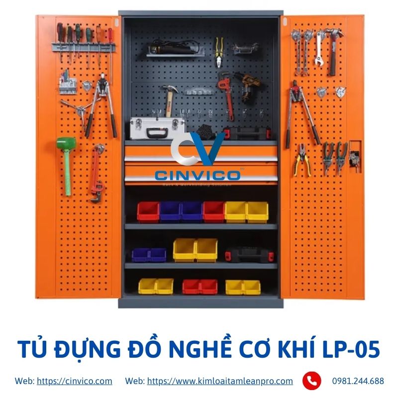 Tủ đựng dụng cụ cơ khí chuẩn công nghiệp cho xưởng sản xuất, gara ô tô. Xưởng Cinvico Hoài Đức sản xuất tủ đồ nghề 5–10 ngăn theo yêu cầu, bảo hành 24 tháng.