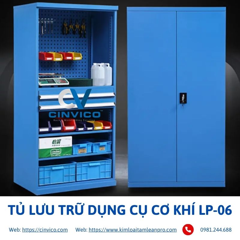 Tủ đựng dụng cụ cơ khí chuẩn công nghiệp cho xưởng sản xuất, gara ô tô. Xưởng Cinvico Hoài Đức sản xuất tủ đồ nghề 5–10 ngăn theo yêu cầu, bảo hành 24 tháng.