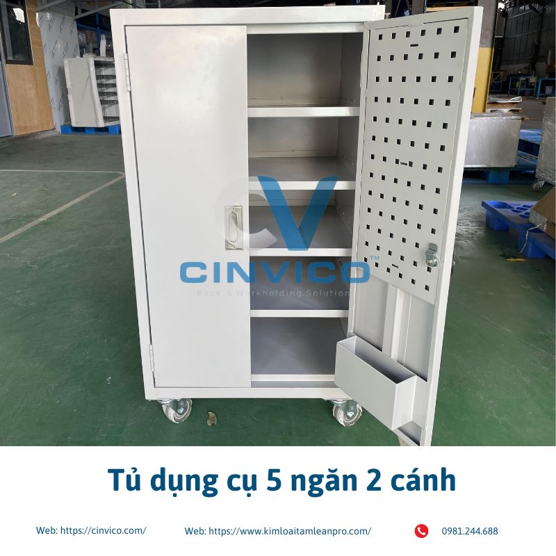 Tủ đựng dụng cụ cơ khí chuẩn công nghiệp cho xưởng sản xuất, gara ô tô. Xưởng Cinvico Hoài Đức sản xuất tủ đồ nghề 5–10 ngăn theo yêu cầu, bảo hành 24 tháng.