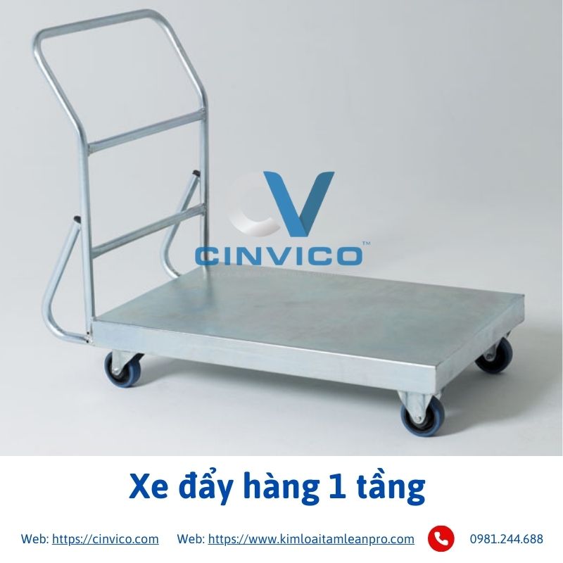 Xe đẩy hàng 4 bánh tải trọng 150-1000kg cho xưởng sản xuất, kho hàng, nhà máy. Cinvico hướng dẫn chọn loại phù hợp theo ngành, ngân sách & tiêu chuẩn 5S.